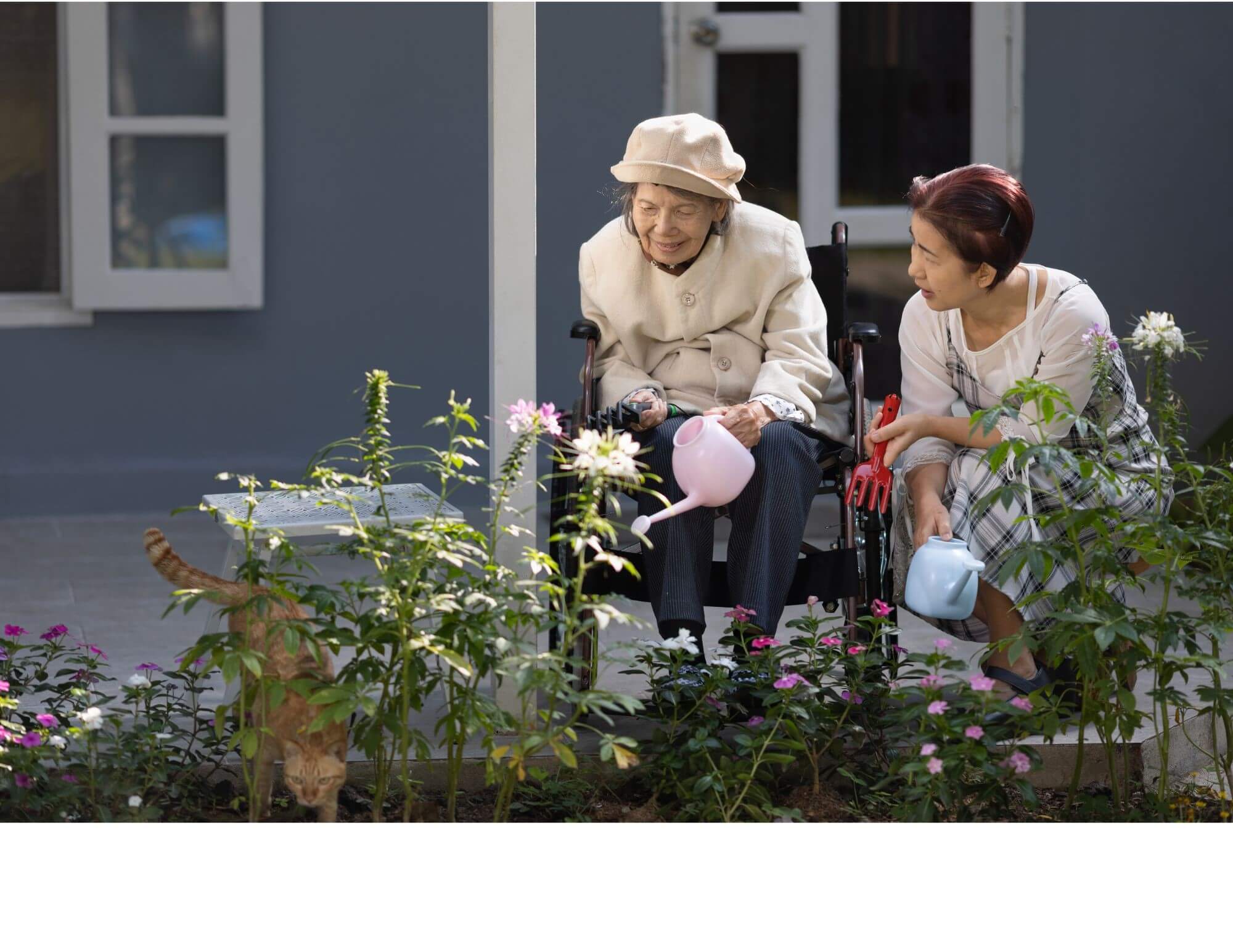 Two women watering plants. One in wheelchair