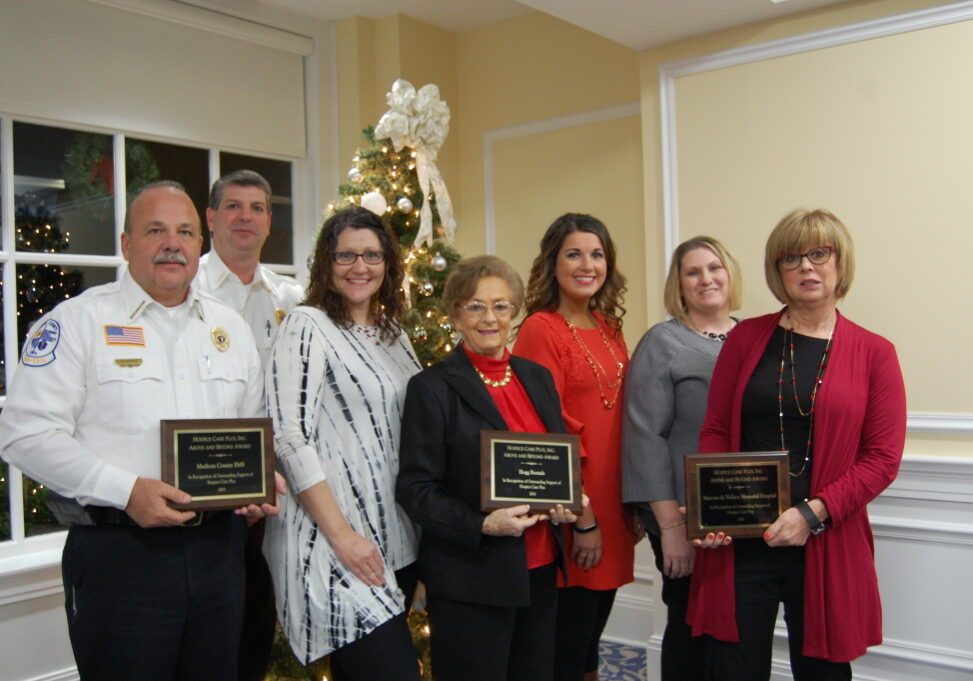 Hospice Care Plus honored four Above and Beyond Award recipients at its annual dinner. From left: Carlos Coyle and Ron Jackson with Madison County EMS, Rebecca Miller of Marcum and Wallace Memorial Hospital, Emogene Hogg-Hartman of Hogg Rentals, and Arielle Estes, Trena Stocker, and Susan Starling, all with Marcum and Wallace. Not pictured: Doctors Callie Shaffer and Sarah Oliver of Rockcastle Pediatrics.